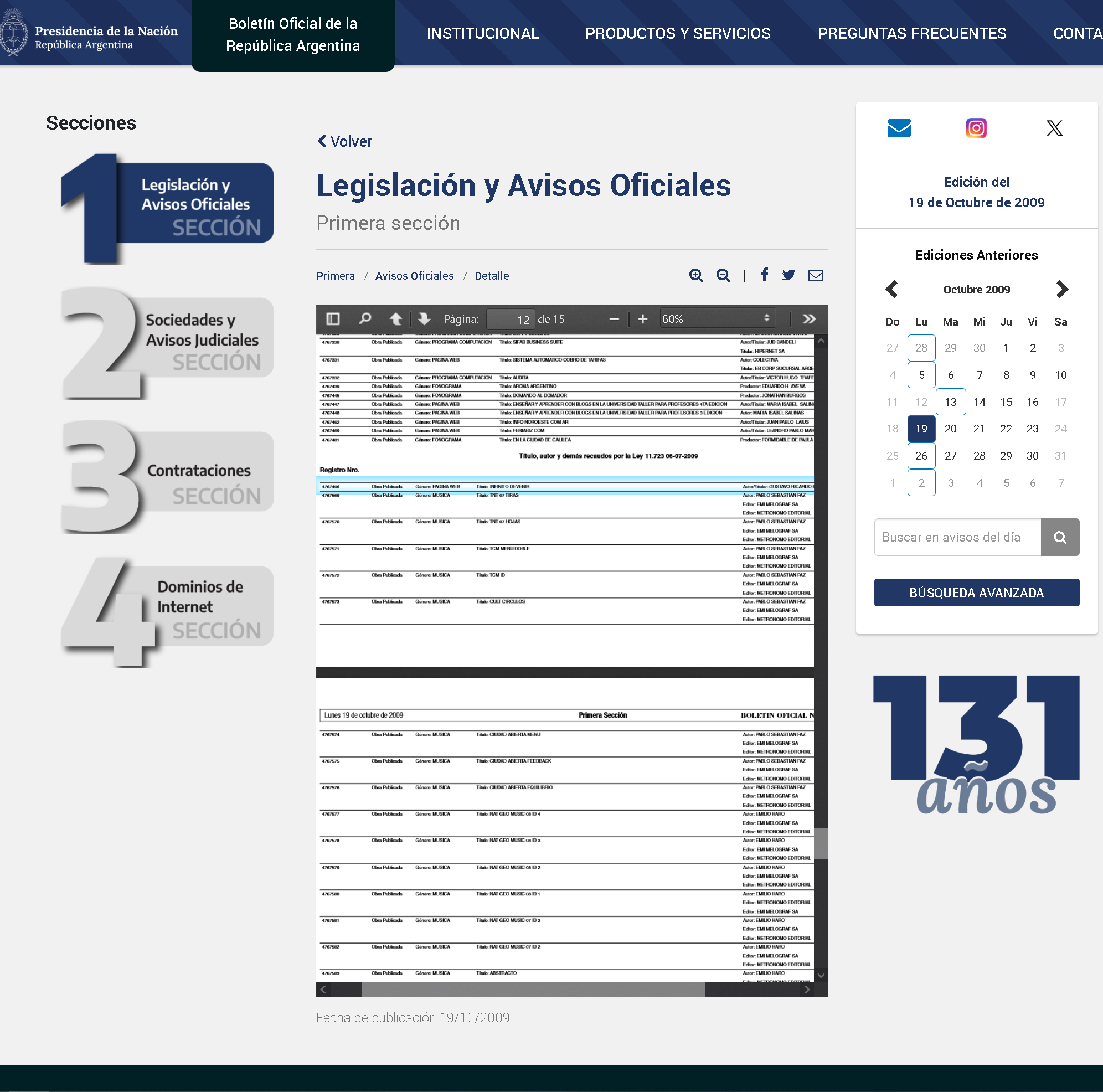 Boletin Oficial: 19/10/2009, página 20