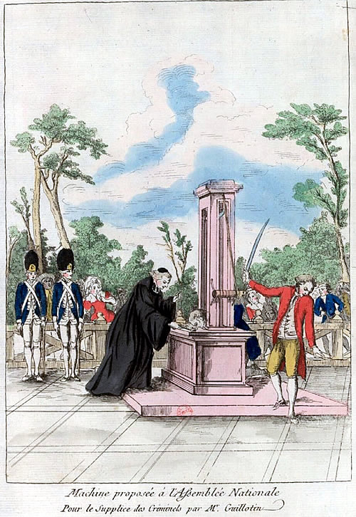 Ilustración histórica de la guillotina como instrumento de justicia e igualdad ante la ley